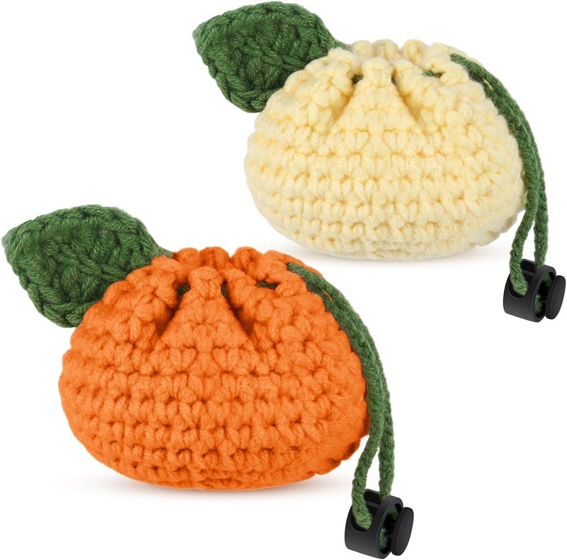 Lyrow Store 2 Pcs Small Crochet Purses Handmade Cute Coin Purse Tangerine Shaped Storage Bag Mini Drawstring Change Pouch Knitting Woven Wallet for Women Keychain Earbuds Dice, Orange and Yellow - Image 1